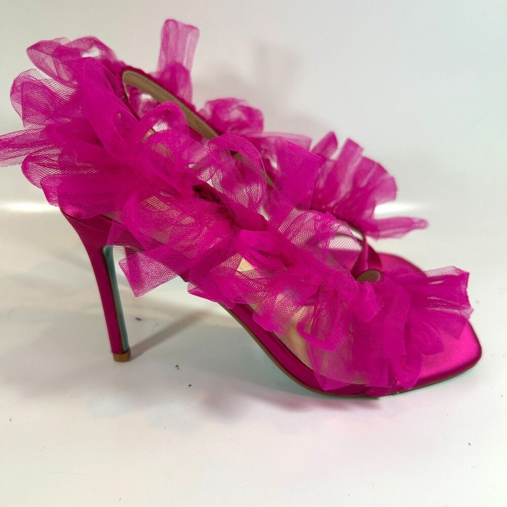 Betsy Johnson SB-Devon Size 8 Tulle Ruffle Slingback Heels Hot Pink Green - Picture 7 of 11